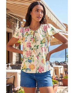Roman Floral Tie Front Frill Top - Green