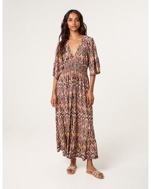 Blue Vanilla Elasticated Neck Shirred Waist Midi Dress - Brown
