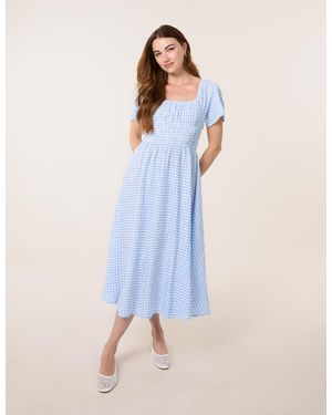 Blue Vanilla Shirred Gingham Midi Dress - Blue