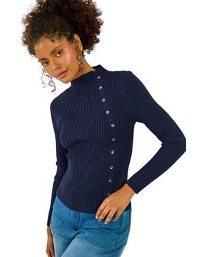 D.u.s.k High Neck Button Detail Rib Jumper - Blue