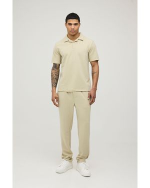 BoohooMAN Short Sleeve Jersey Herringbone Polo Shirt & Tapered Trouser Set - Natural