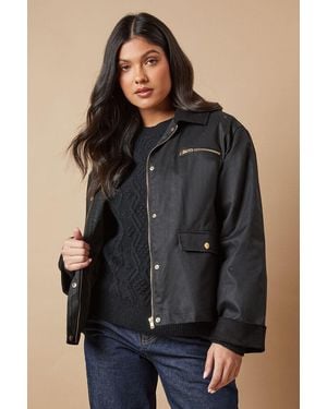 Oasis Cord Collar Button Through Waxed Jacket - Black