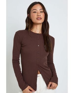 Boohoo Tall Rib Button Through Long Sleeve Top - Brown