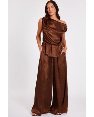 Quiz Textured Satin Palazzo Trousers - Brown