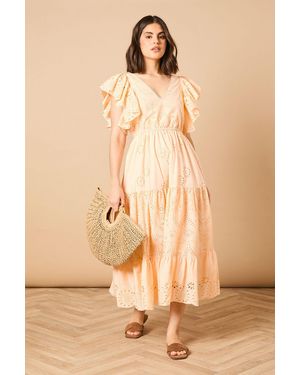 Oasis Broderie V Neck Angel Sleeve Maxi Dress - Natural