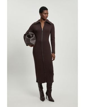 Karen Millen Cotton Zip Through Collar Knitted Midi Dress - Brown