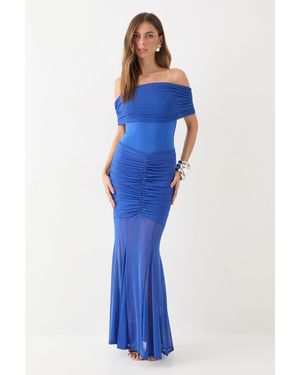 MissPap Off Shoulder Mesh Overlay Maxi Dress - Blue