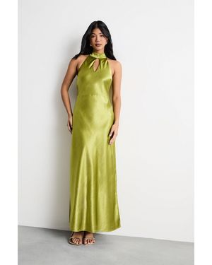 Warehouse Satin Tie Neck Cowl Front Maxi Dress - Green
