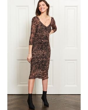 Sosandar Abstract Print Ruched Front Midi Mesh Dress - White