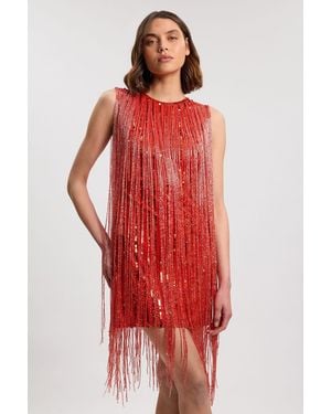 Karen Millen Beaded Fringed Sleeveless Woven Midi Dress - Red