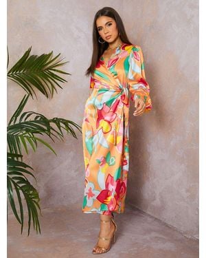 Chi Chi London Long Sleeve Floral Wrap Dress - Orange