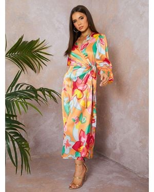 Chi Chi London Long Sleeve Floral Wrap Dress - Orange