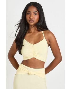 Boohoo Double Layer Ruched Halterneck Cropped Top - Yellow