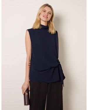 Blue Vanilla Sleeveless Cowl Tie Front Chiffon Blouse - Blue