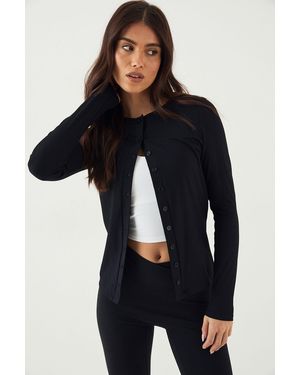 DSGN Studio Sculpt Rib Button Through Long Sleeve Top - Black