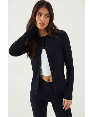DSGN Studio Sculpt Rib Button Through Long Sleeve Top - Black
