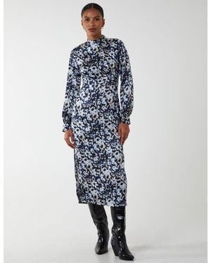 Blue Vanilla Floral Print High Neck Dress - Blue