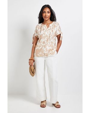 Wallis Petite Abstract Tie Sleeve Collarless Top - White