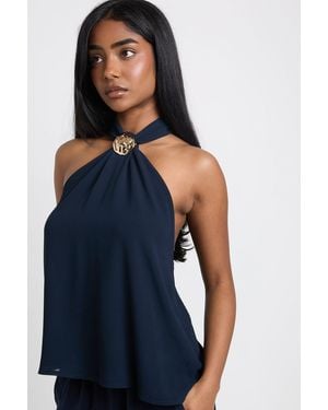 Boohoo Halterneck Trim Chiffon Top - Blue