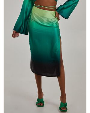 Pink Vanilla Tie Waist Ombre Split Hem Midi Skirt - Green