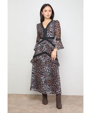 Oasis Petite Printed Lace Trim Detail Flare Sleeve Chiffon Midi Dress - Multicolour