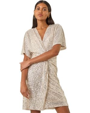 Roman Sequin Twist Front Stretch Dress - Metallic