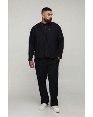 BoohooMAN Plus Pleated Oversized Boxy Collarless Shirt - Blue
