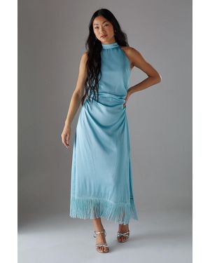 Warehouse Petite Crinkle Satin Halter Fringe Midi Dress - Blue