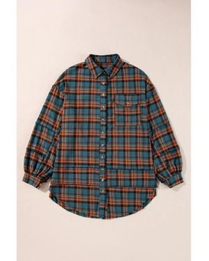 Azura Exchange Plaid Long Sleeeve Side Split Distressed Hem Shirt Cotton - Blue