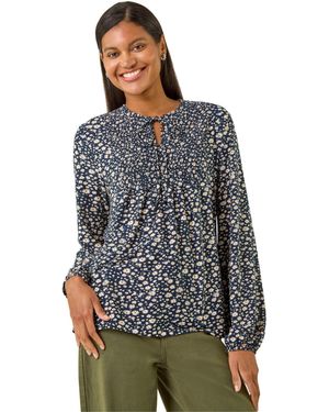 Roman Printed Shirred Tie Neck Top - Grey
