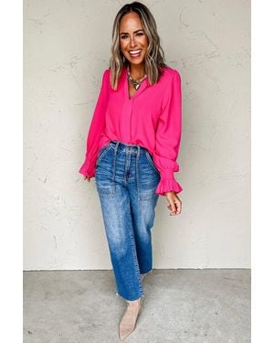 Everyday the Label Rose Solid Colour Shirred Cuff Notch V Neck Blouse - Pink