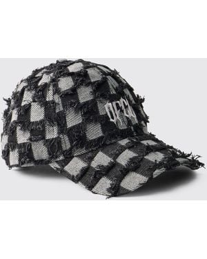 BoohooMAN Denim Distressed Checkerboard Embroidered Cap - Black