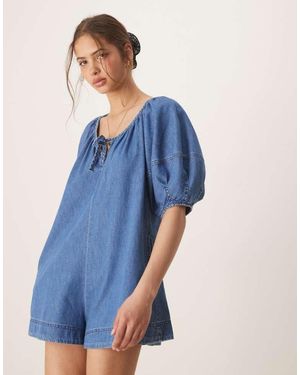 ASOS Soft Denim Playsuit With Balloon Sleeves - Blue
