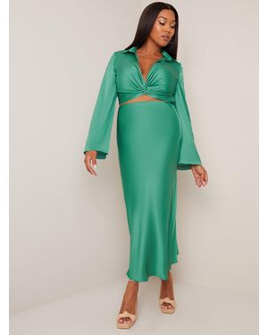 Chi Chi London Satin Slip Maxi Skirt - Green