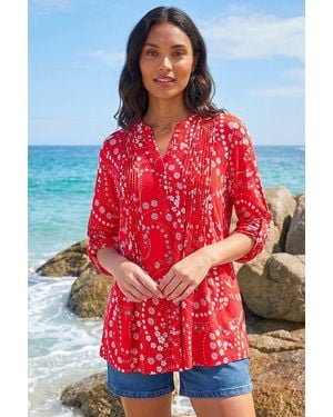 Roman Ditsy Print Pintuck Stretch Shirt - Red