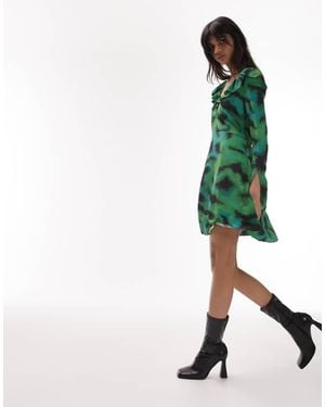TOPSHOP Animal Ruffle Neck Tea Dress - Green