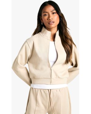 Boohoo Premium Soft Touch Interlock Zip Zip Through Shoulder Pad Jacket - Natural