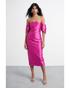 Warehouse Petite Structured Puff Sleeve Bardot Midi Dress - Pink