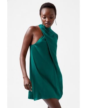 French Connection Satin Asymmetric Long Sleeve Mini Dress - Green