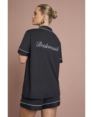 Boohoo Bridal 'Bridesmaid' Jersey Embroidered Short Sleeve Shirt & Pyjama Set - Black