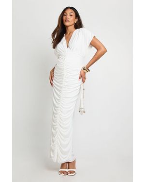 Boohoo Maternity Double Layer Ruched Plunge Batwing Maxi Dress - White