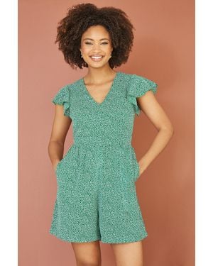 Mela London Ditsy Print V Neck Playsuit - Green
