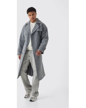 BoohooMAN Oversized Double Breasted Trench Overcoat - Grey