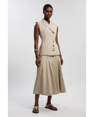 Karen Millen Tailored Linen Button Front Full Midi Skirt - Natural