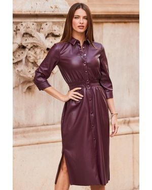 Sosandar Burgundy Shirred Waist Popper Front Shirt Dress - Purple