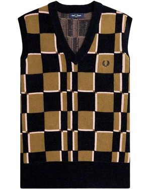 Fred Perry Checkerboard Knitted Jumper Vest Cotton - Black