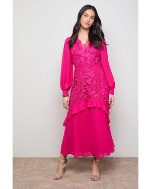 Oasis Lace Puff Sleeve V Neck Midaxi Dress - Pink