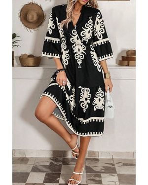 Azura Exchange Western Geometric Print 3/4 Sleeve Loose Midi Dress - Black