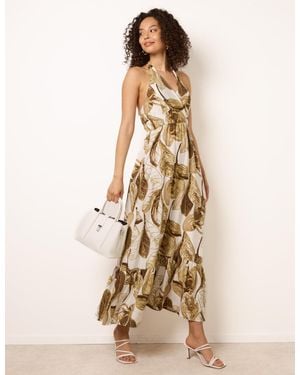 Blue Vanilla Leaf Print Halter Neck Dress - Natural