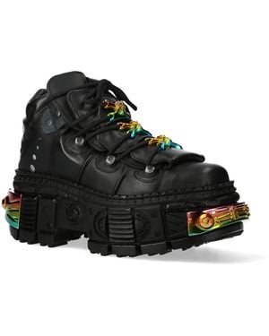 New Rock Platform Leather Ankle Boots-Wall106-S23 - Black